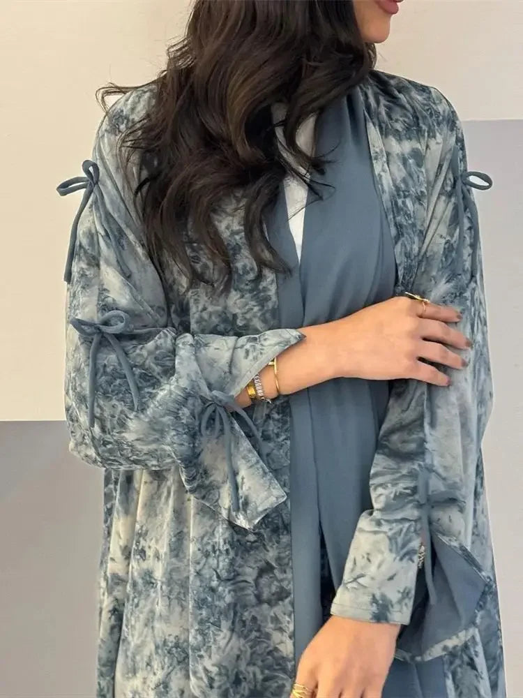 Ramadan Eid Tie Dye Butterfly Bow Muslim Modest Kimono Abaya Damen Dubai Luxury Islam Women Kebaya With Hijab Kaftan Robe Femme