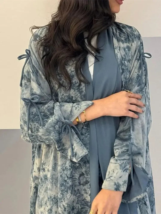 Ramadan Eid Tie Dye Butterfly Bow Muslim Modest Kimono Abaya Damen Dubai Luxury Islam Women Kebaya With Hijab Kaftan Robe Femme