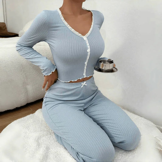 Autumn Winter Homewear Pajamas Set for Women Long Sleeves Shirt Trousers 2 Pieces Sexy Lace Pijamas Sleepwear Loungewear