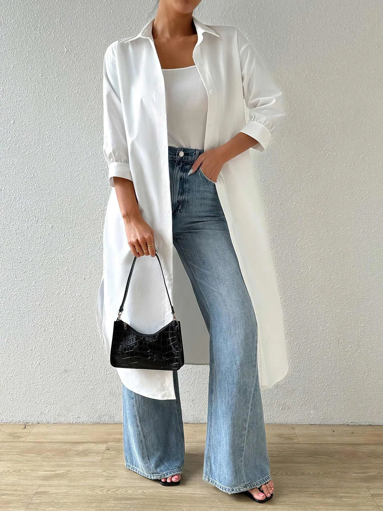 Women Turn Down Collar OL Business Maxi Shirts Tops Spring Autumn Female Simple Solid Color Button Loose Blouse Long Shirt Blusa