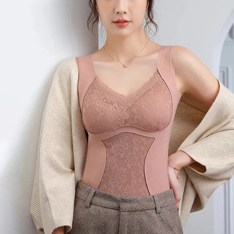 2pcs Woman Thermal Underwear Thermo Lingerie Winter Soft Warm Top Wear Thermo Vest Undershirt Intimate Lace with Bra Padded