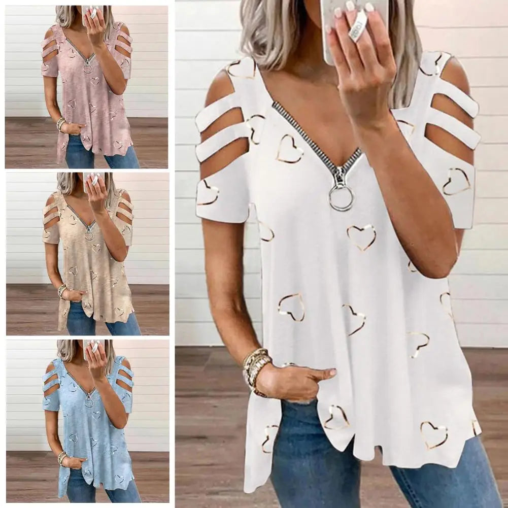 Top V Neck Low-cut Hollow Out Short Sleeves T-shirt