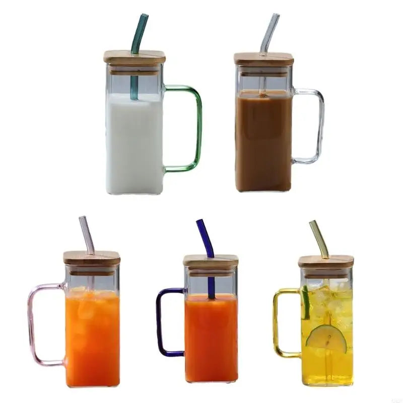 A52C Square Drinking Cup Creative Cocktails Glasses Colorful Handle Glass Cup for Coffee Milk Juice Heat Resistants Drinkware