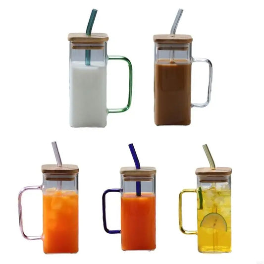A52C Square Drinking Cup Creative Cocktails Glasses Colorful Handle Glass Cup for Coffee Milk Juice Heat Resistants Drinkware