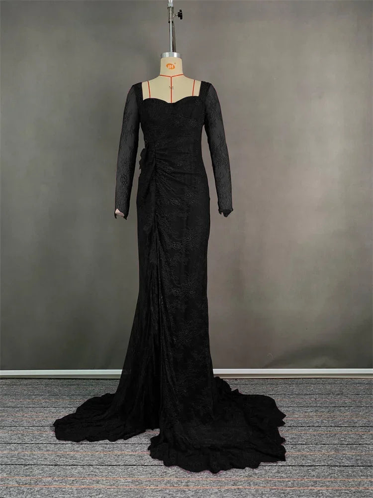 Modigirl 2025 Womens Black Wedding Dresses for Party Evening Formal Bodycon Autumn Floor-Length Elegant Woman Lace Long Dress