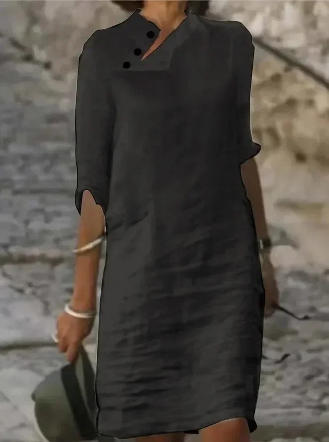 Spring Cotton Linen Women's Dress White Stand Collar Half Sleeve Buttons Dresses Female fashion Casual Loose Ladies Clothes