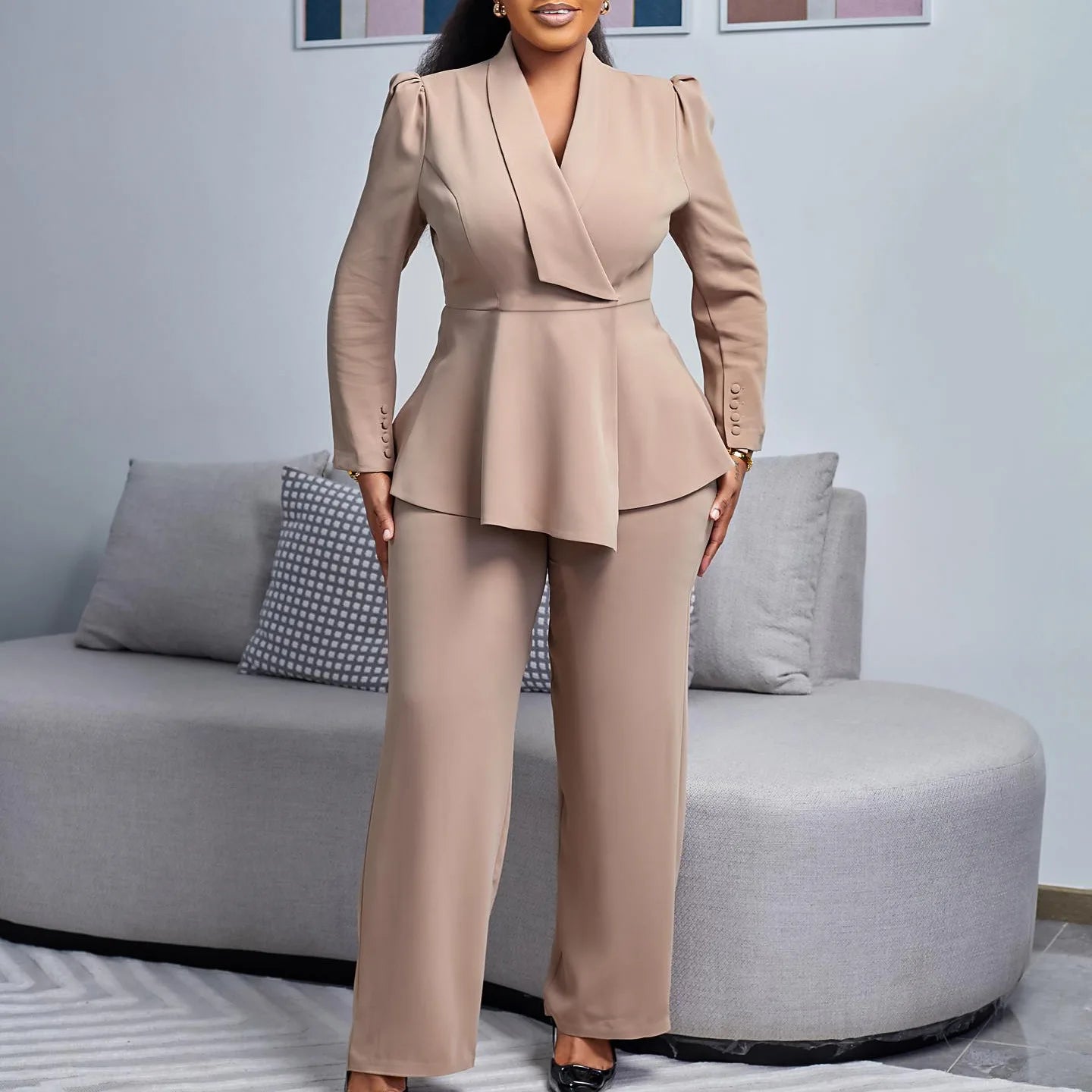 Women Two Pieces Set Elegant Long Sleeves Tops High Waist Pants Trousers Modest Peplum Office Ladies Work Wear Business Suit New