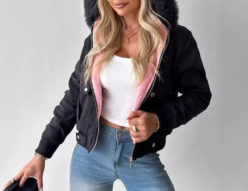 women jacket Short Streetwear Fashion Versatile Casual Zipper Thickened Long Sleeves Hooded coats for Female 2024 Autumn/Winter