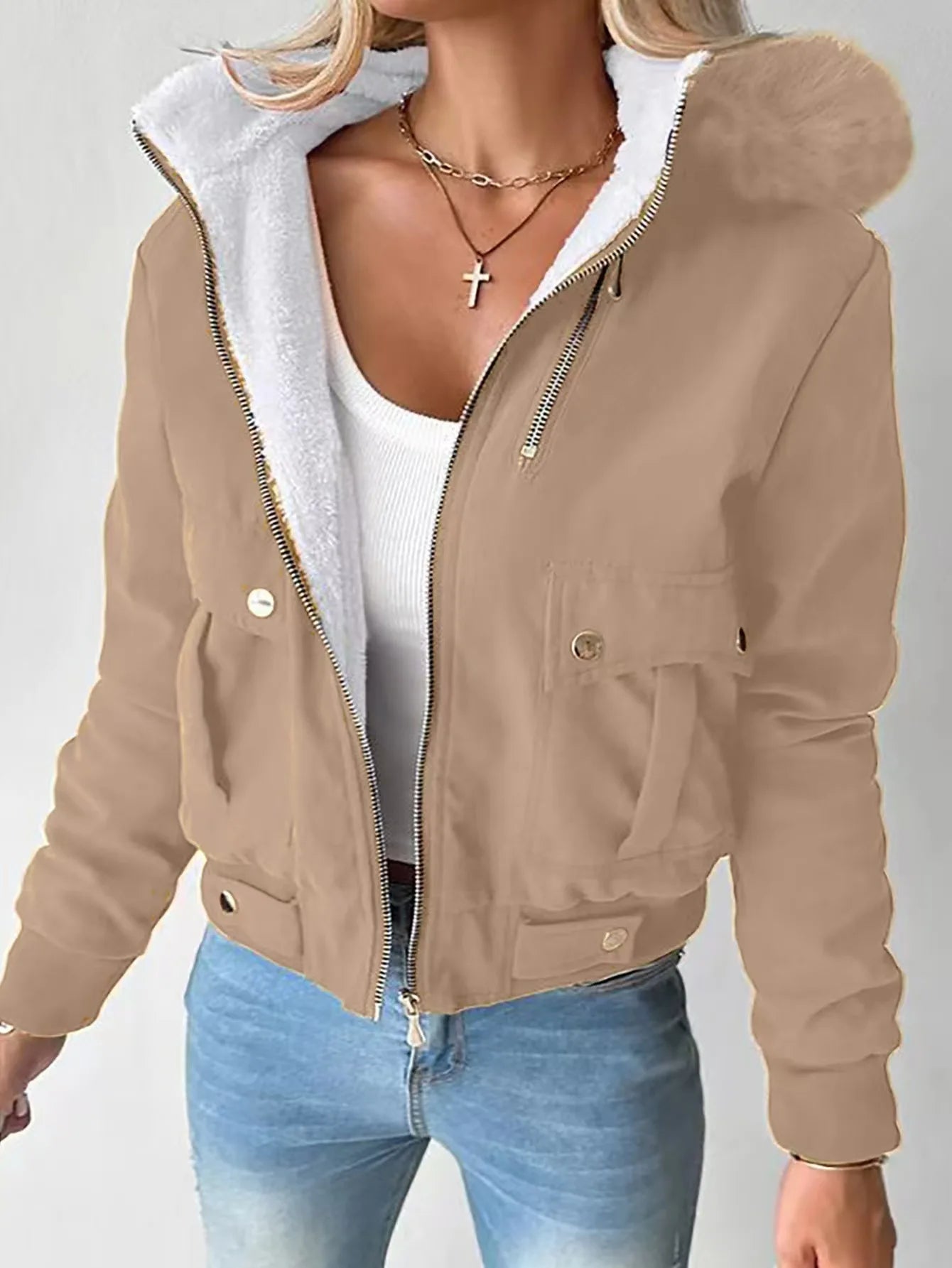 Women Autumn Winter Cotton Jacket Button Solid Color Zippers Pockets Hooede Casual Fashion Warm Comfortable Regular Standard Fit