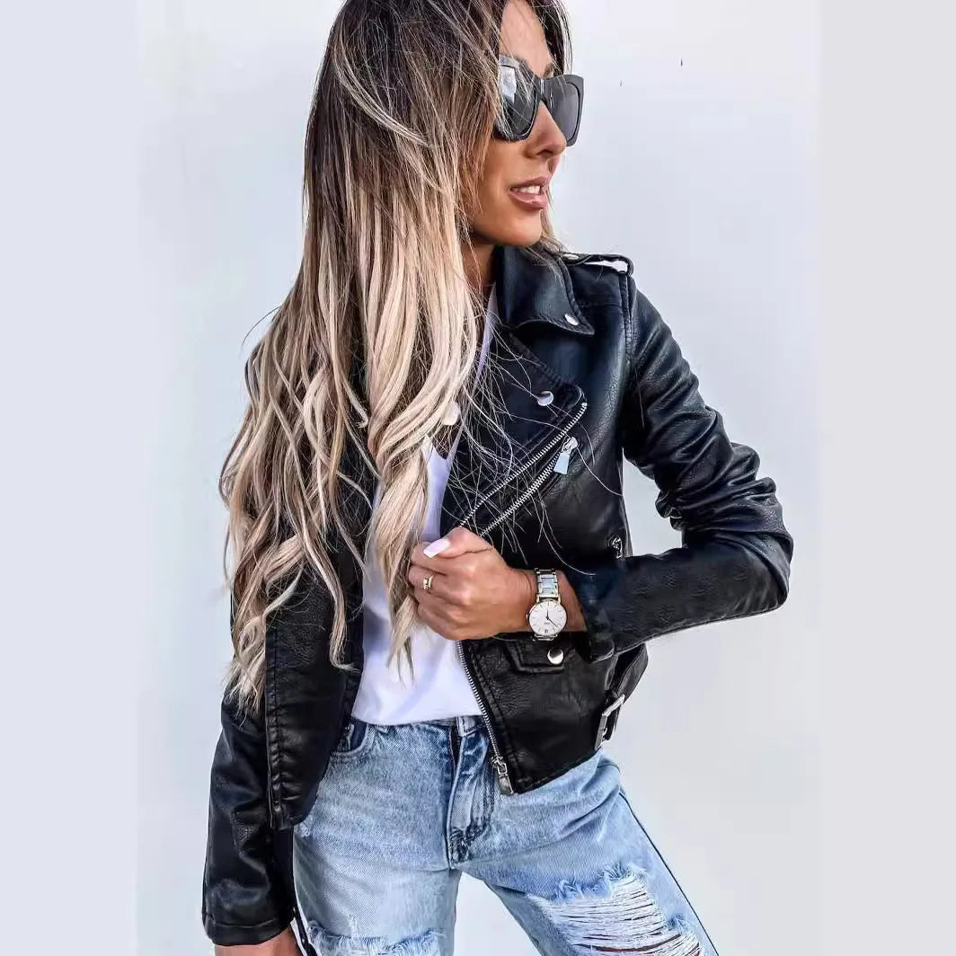 Women's Fashion Biker Jacket PU Leather Short Zipper Winter Warm Outerwear