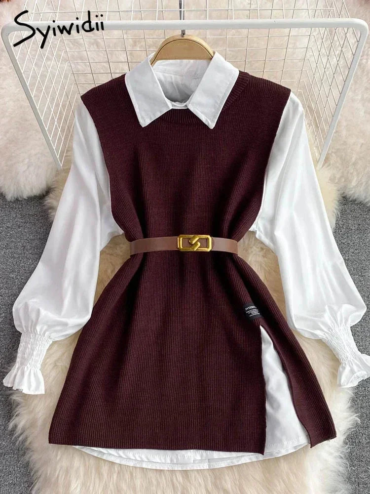 Syiwidii Blouses Sets Women Knitted Sweater Vests Autumn 2024 Fashion Turn-down Collar Single Breasted Female Blouses Two-piece
