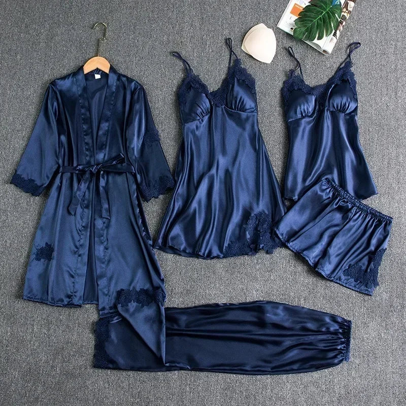 5-piece Set of Women's Sleepwear Sexy Silk Nightgown Lace Satin Nightgown V-neck Vest Breathable Comfortable Women's Nightgown