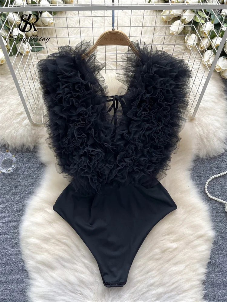 SINGREINY Sexy 3D Flowers Spliced Sheath Bodysuits Club Lace Up V Neck Playsuits Fashion Streetwear Backless Sensual Rompers