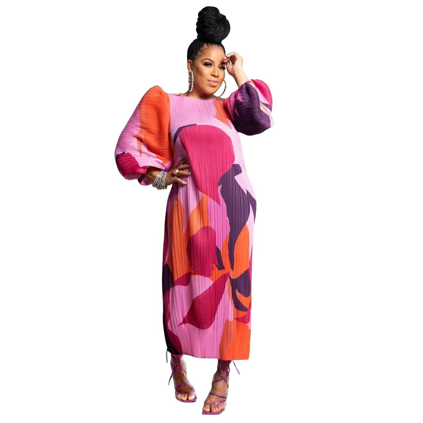 Elegant Women Pleated Half Lantern Sleeve O-neck Slim Maxi Long Dress Print Fashion Autumn 2025 Ruched Dresses Vestidos