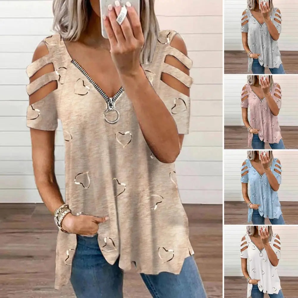 Top V Neck Low-cut Hollow Out Short Sleeves T-shirt