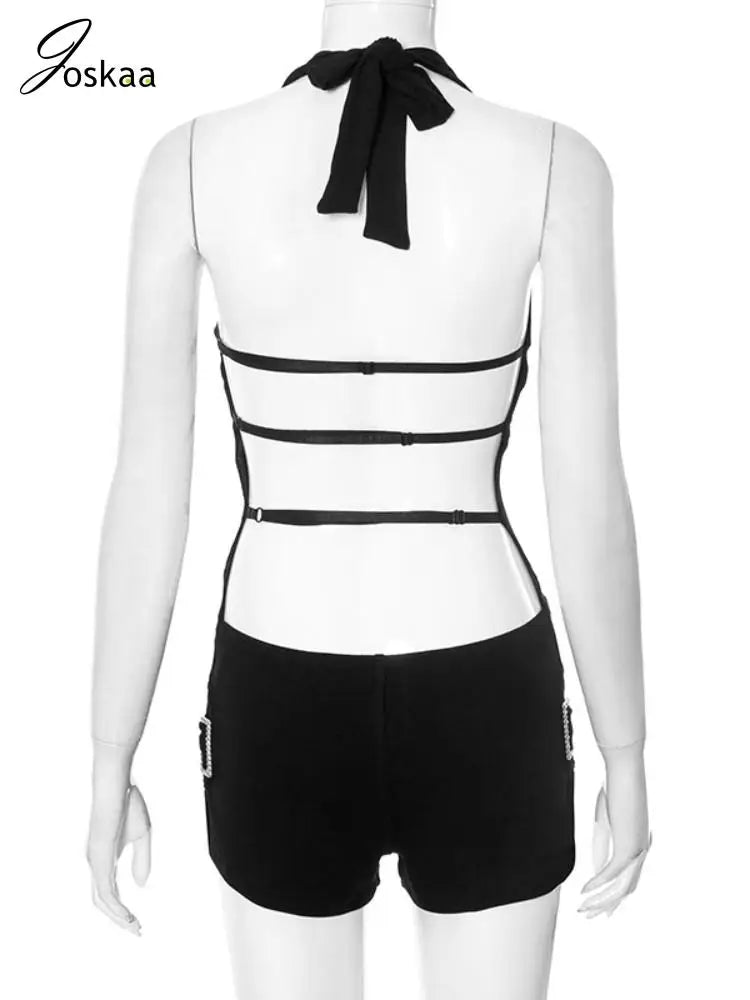 Joskaa Ribbed Solid Sports Rompers Women Hipster Sexy Halter Backless Body-Shaping Playsuits 2025 Summer Vacation Clubwear