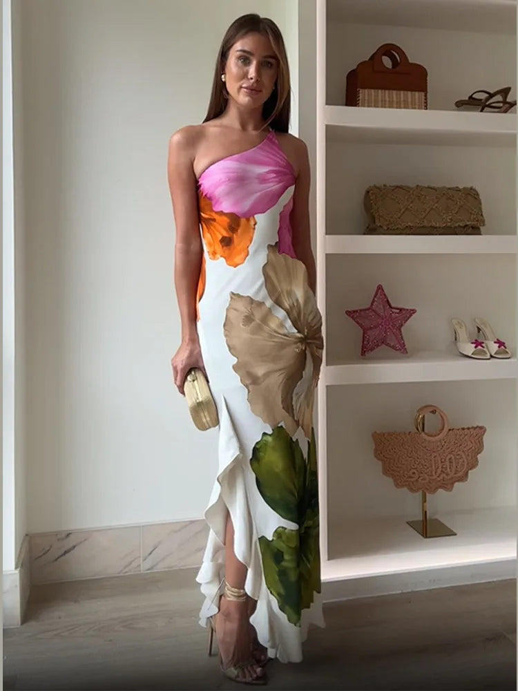 Elegant Floral Irregular Maxi Vestidos Women Sleeveless Skew Neck Off Shoulder Slim Dress 2025 New Summer Party High Street Wear