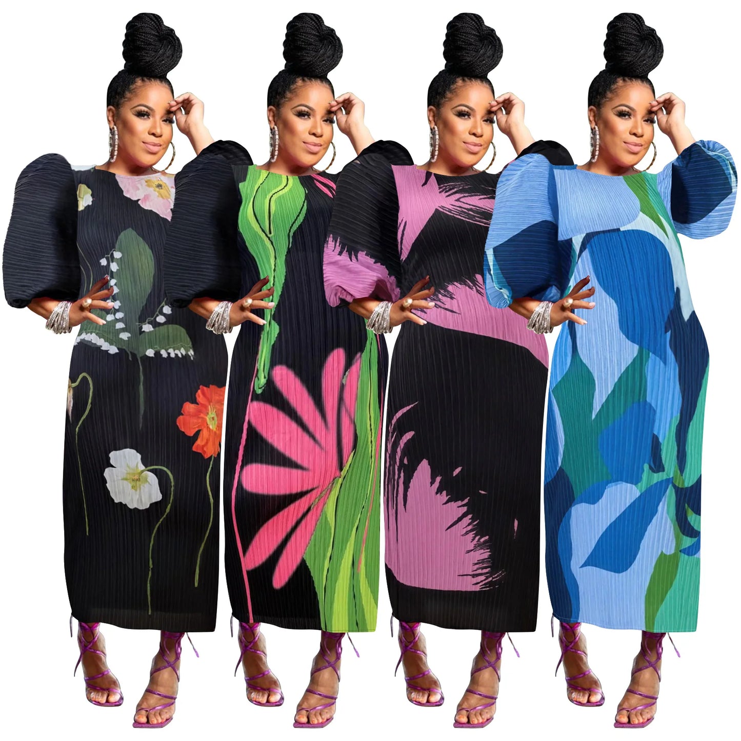 Elegant Women Pleated Half Lantern Sleeve O-neck Slim Maxi Long Dress Print Fashion Autumn 2025 Ruched Dresses Vestidos