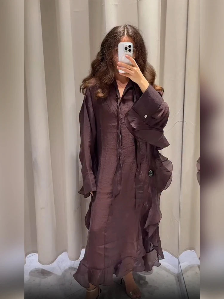 Causal Ruffle Pleated Loose long dress Women Full Sleeve V Neck Single Breasted Lotus Leaf Edge Dresses 2025 Lady Street Outfit