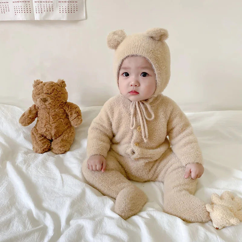 5097 Ins Baby Clothes 2024 Autumn Winter New Baby Boy's Jumpsuit Mink Velvet Cute Bear Baby Girl's One Piece Clothes