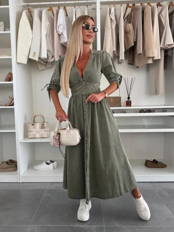 2025 Women Denim Dress Loose Fit V-Neck Short Sleeve Button Down Long Dress Solid Color Casual Jean Dress For Spring Summer