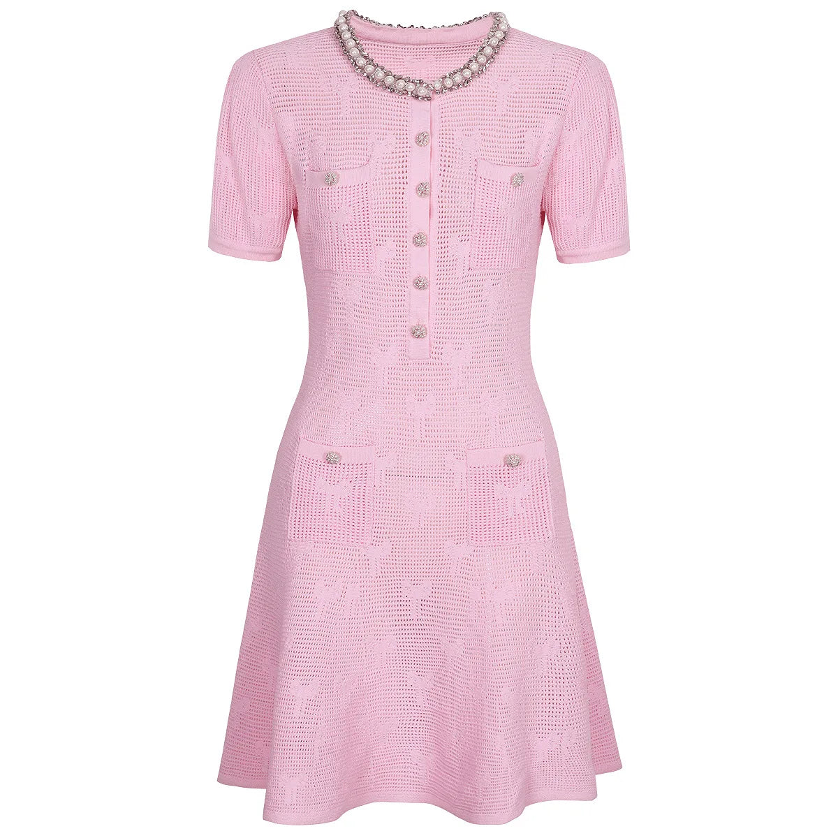 Europe America High-end Fashion Knitted Short-sleeved Dress 2025 Summer Clothes New Round Neck Temperament Woman A-line Dresses