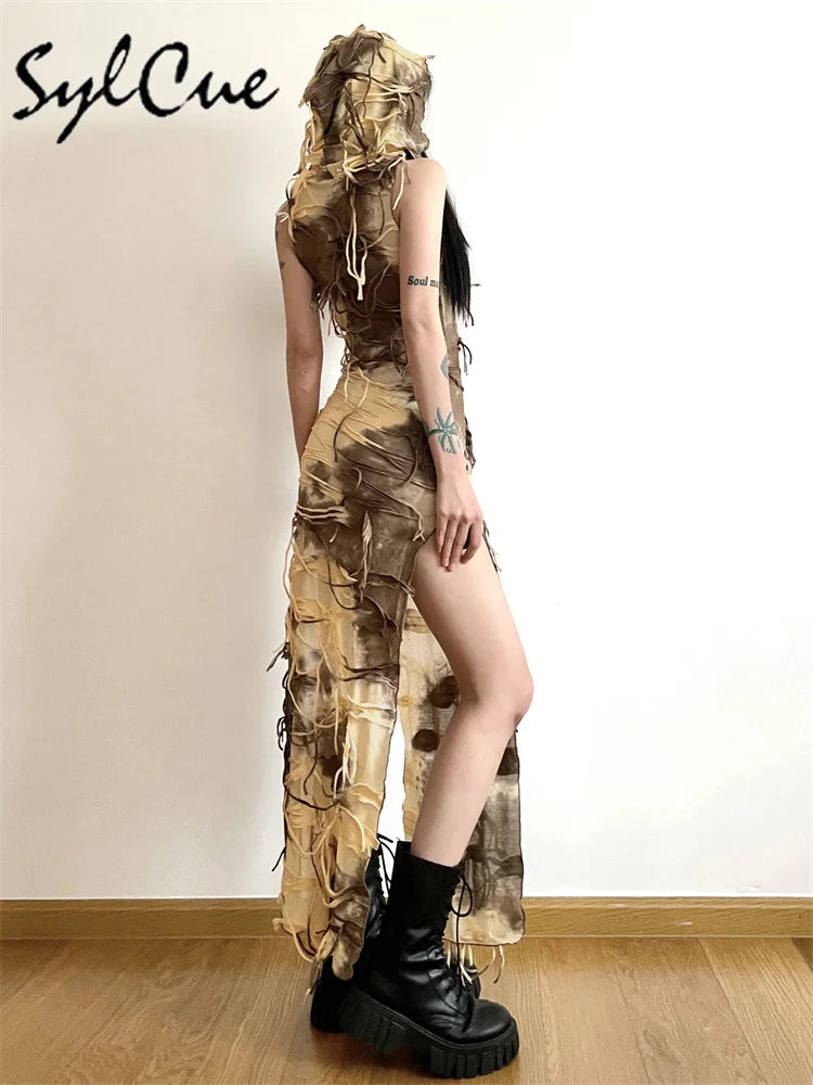 Sylcue Vintage Distressed Summer High Street Cool Trendy Personalized Sexy Mature Beautiful Women Thin Perspective Hooded Dress