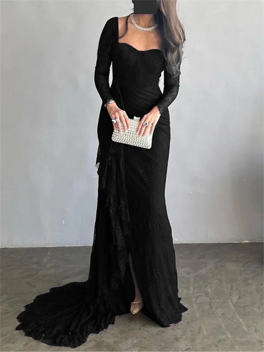 Modigirl 2025 Womens Black Wedding Dresses for Party Evening Formal Bodycon Autumn Floor-Length Elegant Woman Lace Long Dress