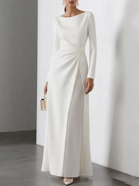 Yeezzi 2025 New Autumn Women's White Evening Dress High Waisted Long Sleeves Pleated Formal Wedding Party Guest Maxi Dresses