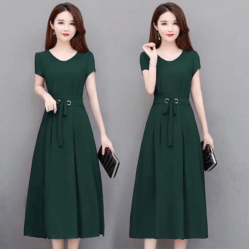 Women summer dress 2025 new short-sleeved over-the-knee belt slim figure-hugging A-line dress vestidoes clothing HTH013