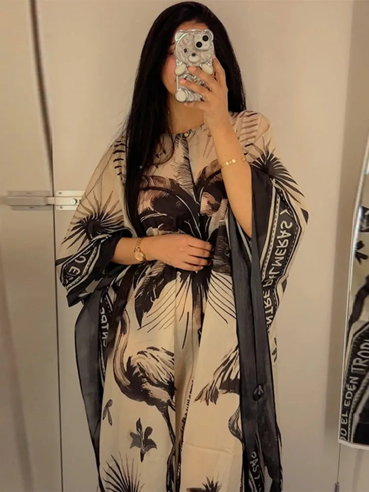 Vacation Coconut Tree Floral Print Caftan Maxi Dress For Women Oversize Long Puff V-neck Beach Dresses Lady Bohemia Party Robes