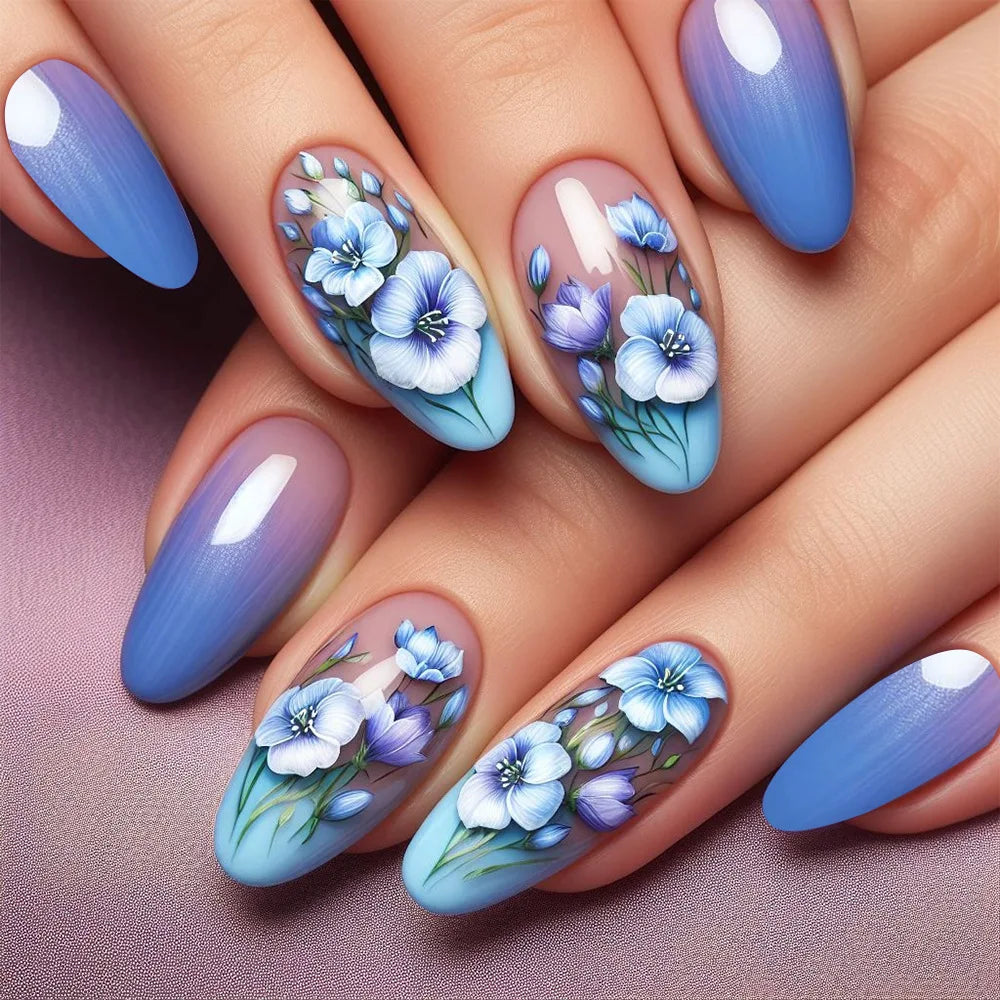 24Pcs Autumn Winter Matte Almond False Nails with Glue Rose Leaf Printing Nail Art Simple Full Cover Press on Acrylic Nails Tips