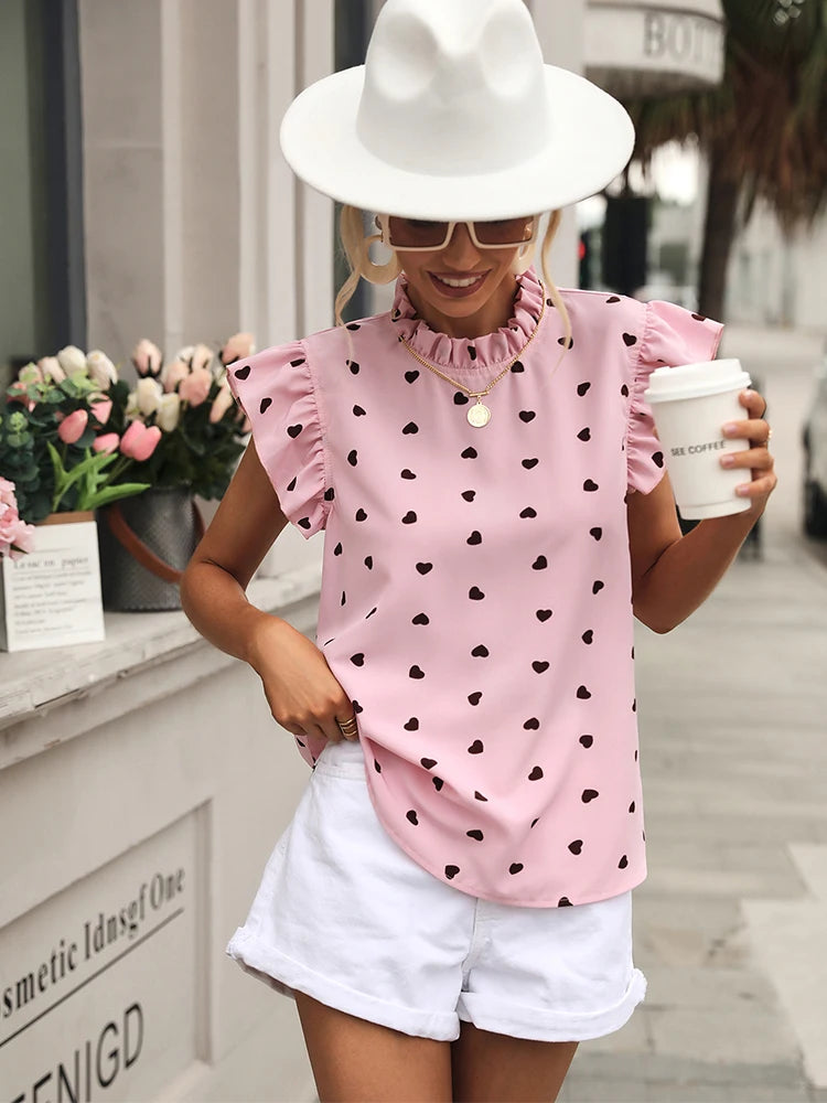 Fashion Chiffon Print Women's Shirt Casual Ruffle Short Sleeve Top Pink Chic Woman Blouse And Shirts Elegant Blouses Summer 2024