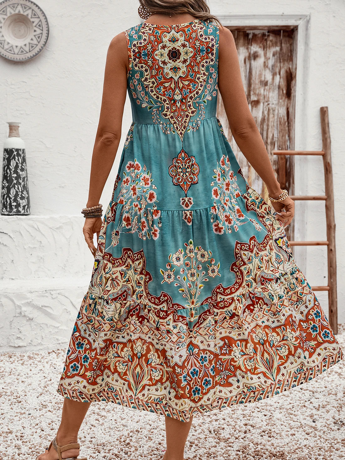 2025 Holiday Women's Summer print crew neck sleeveless dress, suitable for casual or vacation and long holiday beach wear women