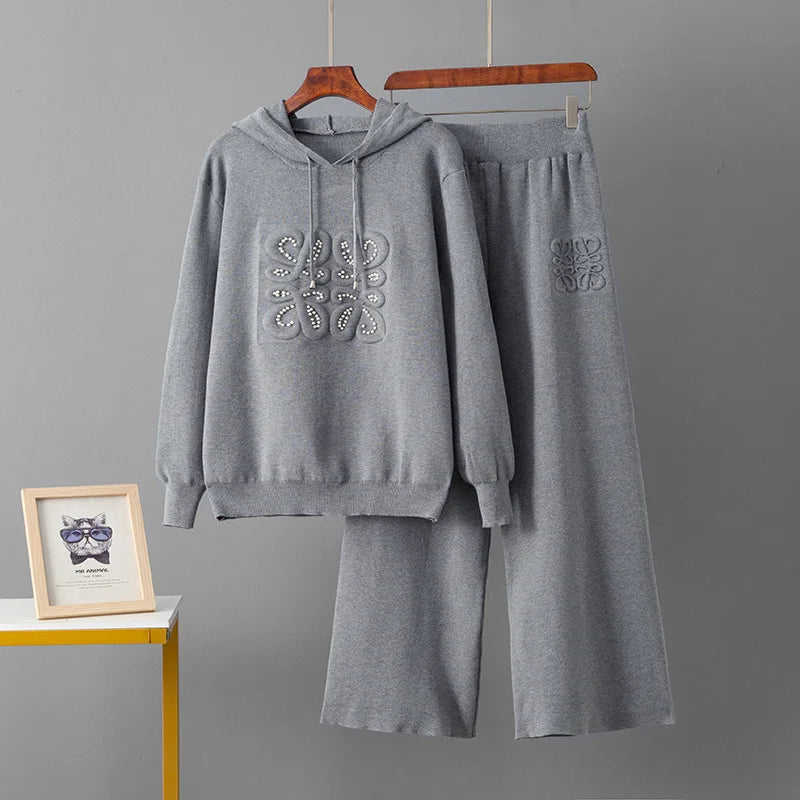 LISM winter two piece set tracksuit Knitted set, nail bead casual two-piece hooded woolen top+slim fit wide leg pants for women