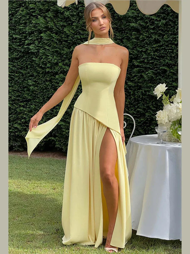 Pale Yellow Patchwork Shawl Dress Women's Elegant Split Sleeve High Waist Slim Fit Maxi Vestidos Lady Evening Party Gowns 2025