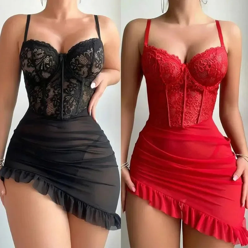 Transparent Underwire Bra Erotic Set Sexy Fairy Lingerie Women's See Through Lace Nightdress Pajamas Sets Delicate Sexy Nighty
