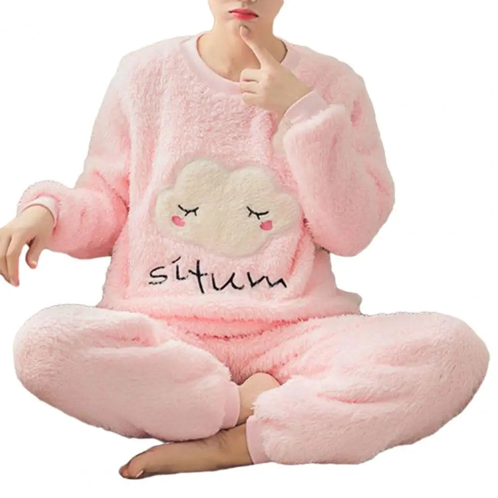 2 Pcs/Set Women Winter Pajamas Striped Cartoon Print Thickened Coral Fleece Soft Round Neck Long Sleeve Homewear Top Pants Set