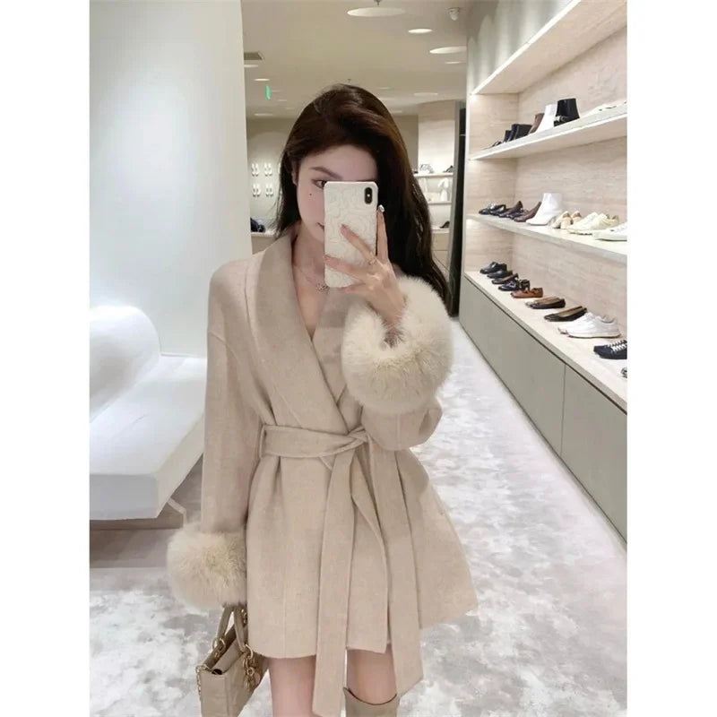 Strap Woolen Jacket With Spring And Autumn Long Sleeves Loose High-End Splicing Short Furry Sleeves blend Wool Coats With Lace-u