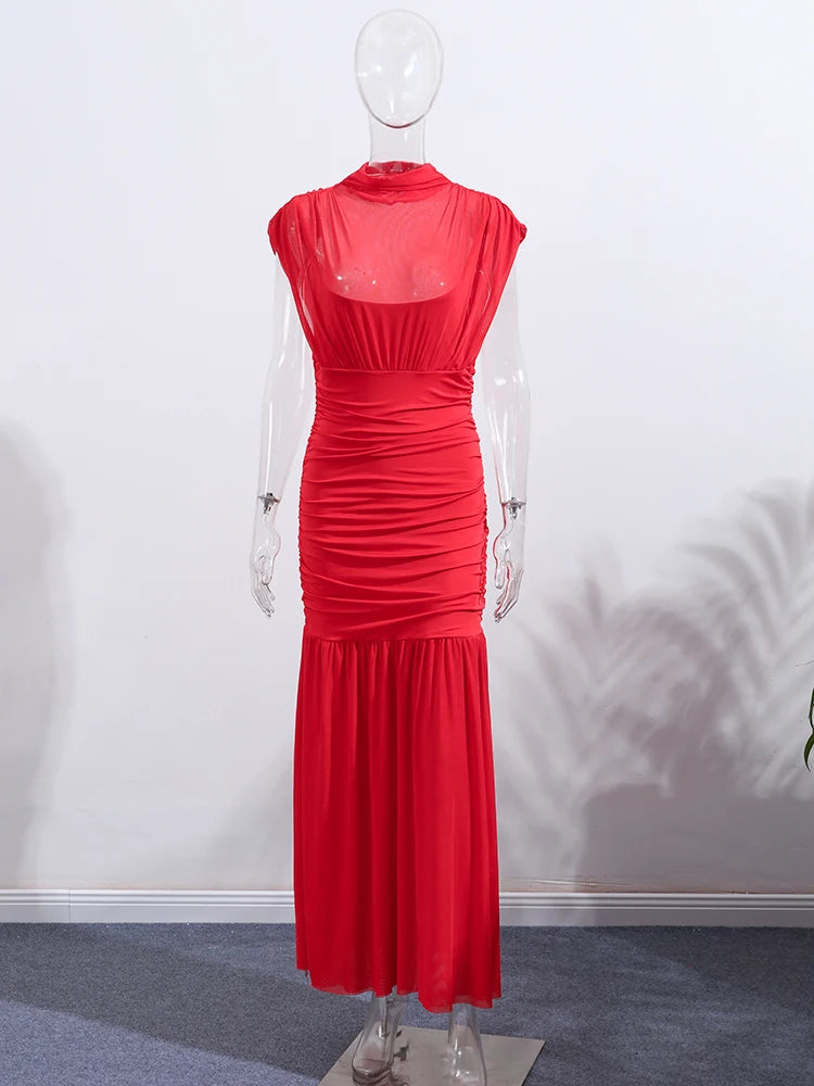 Chic Red Pleated Evening Party Long Dresses Elegant Fly Sleeve Mesh Patchwork Maxi Dress Women Summer Vacation Beach Vestidos