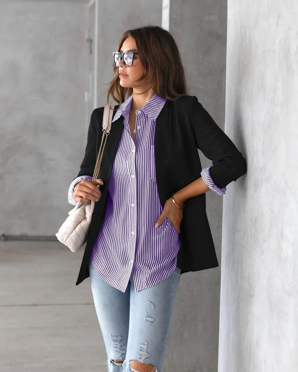 Loose Striped Women's Top, Elegant Long Sleeved Lapel Top, Oversized Cotton Casual Top, Novelty Of 2025 Shirts & Blouses Blusas