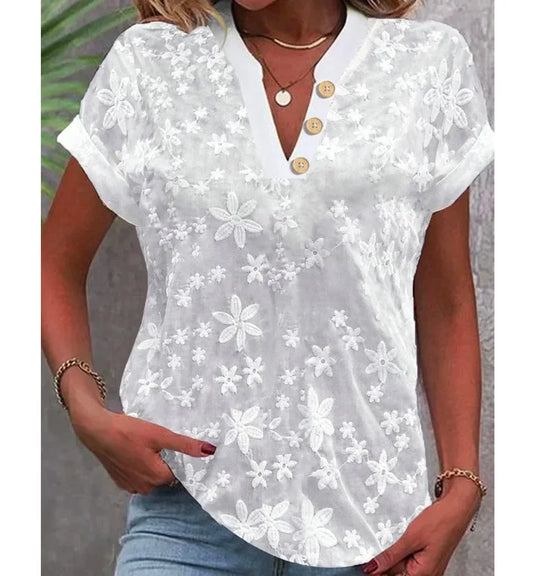 Summer Casual V-neck Shirt Blouse Women Fashion White Jacquard Short Sleeve Shirts Women Office Ladies Elegant Blouse Tops