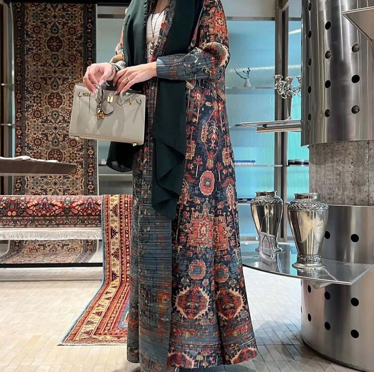 2025 Miyake Pleated abaya with Turn-down Collar, Long Sleeve, Vintage Printed Design, Plus Size