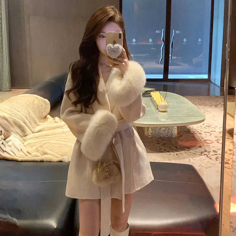 Strap Woolen Jacket With Spring And Autumn Long Sleeves Loose High-End Splicing Short Furry Sleeves blend Wool Coats With Lace-u