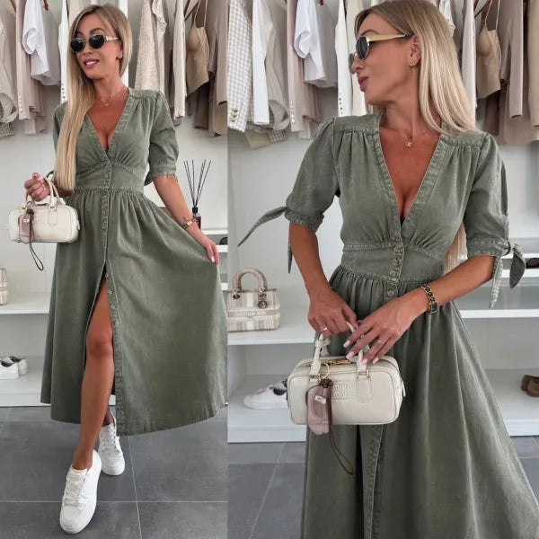 2025 Women Denim Dress Loose Fit V-Neck Short Sleeve Button Down Long Dress Solid Color Casual Jean Dress For Spring Summer