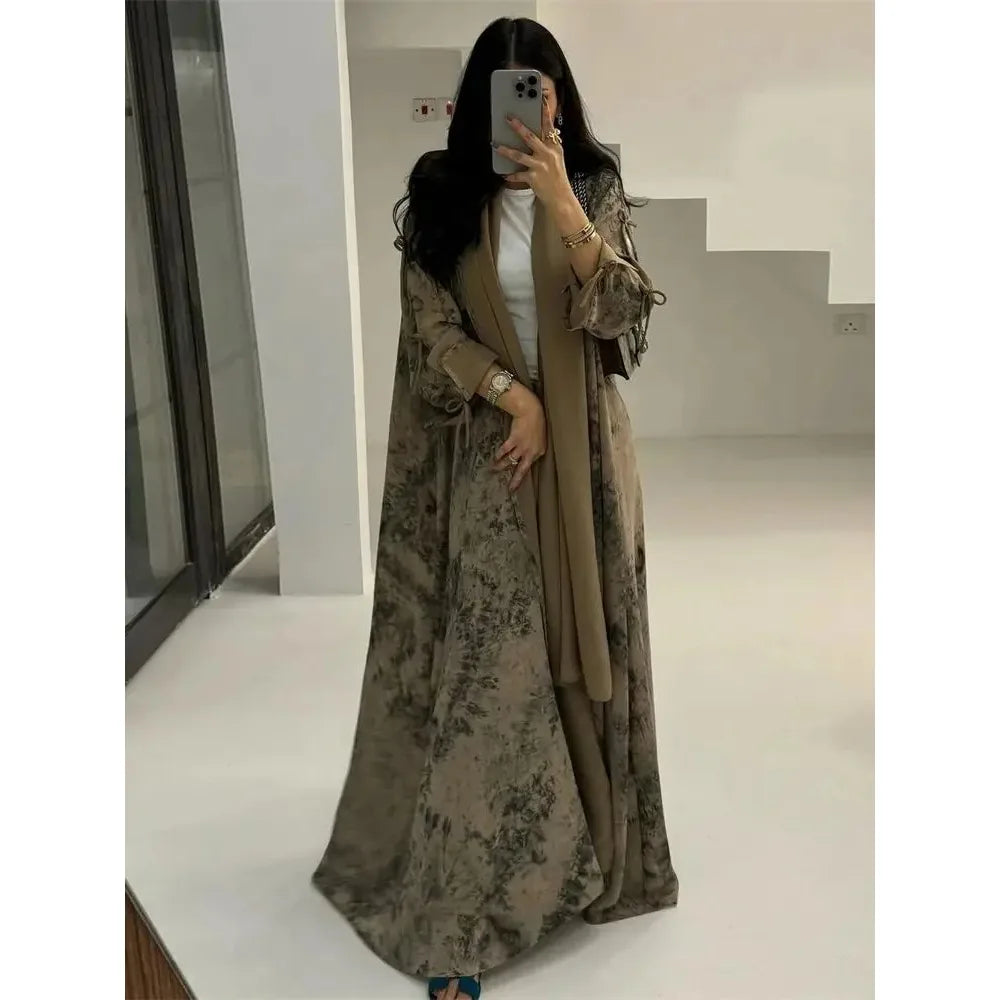 Ramadan Eid Tie Dye Butterfly Bow Muslim Modest Kimono Abaya Damen Dubai Luxury Islam Women Kebaya With Hijab Kaftan Robe Femme