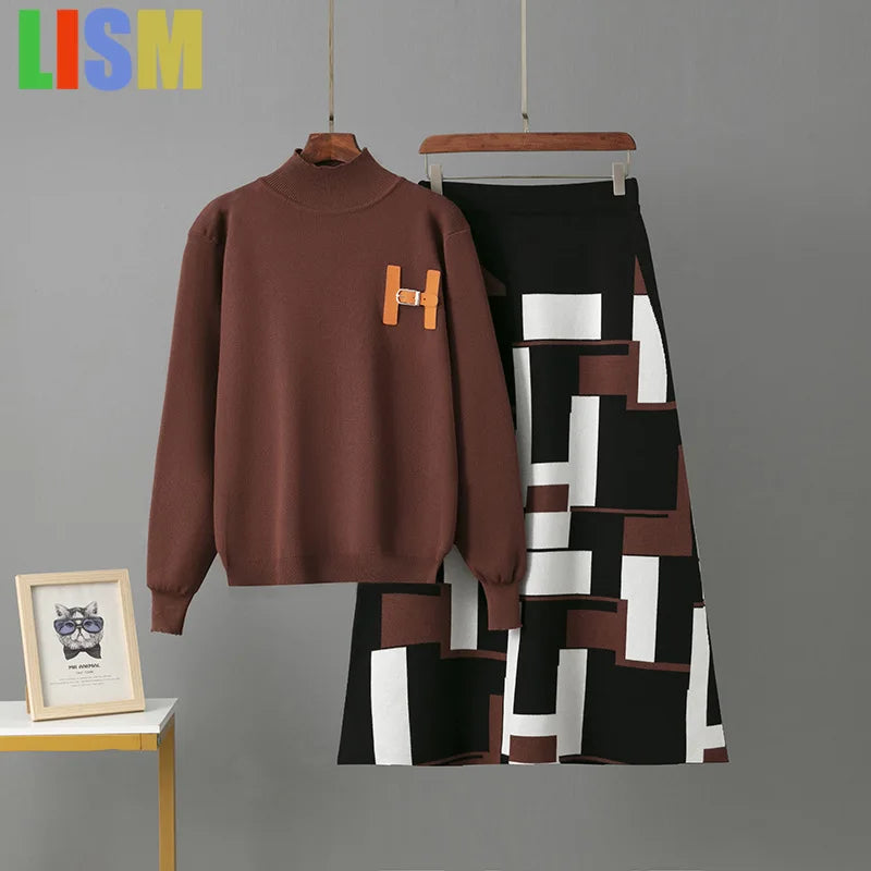 LISM winter two piece set for womam suit elegant sweater new in matching sets letter half body mid length skirt set New dress