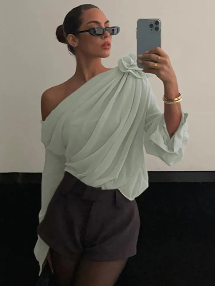 GACVGA Skew Collar Floral Mesh Chiffon Blouses Tops Tshirt Elegant T Shirt Fashion Crop Top See Through Women's Blouses & Shirts