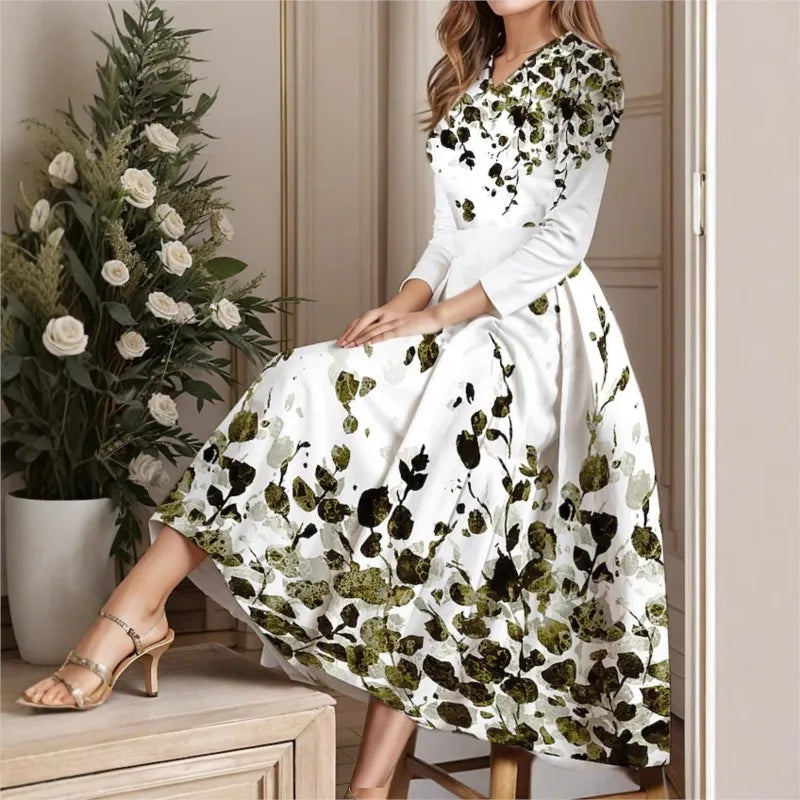 Ladies Autumn Winter Floral Print Vintage Long Dress Women's Long Sleeve V-neck Elegant Dresses Party Casual Evening Dress Women
