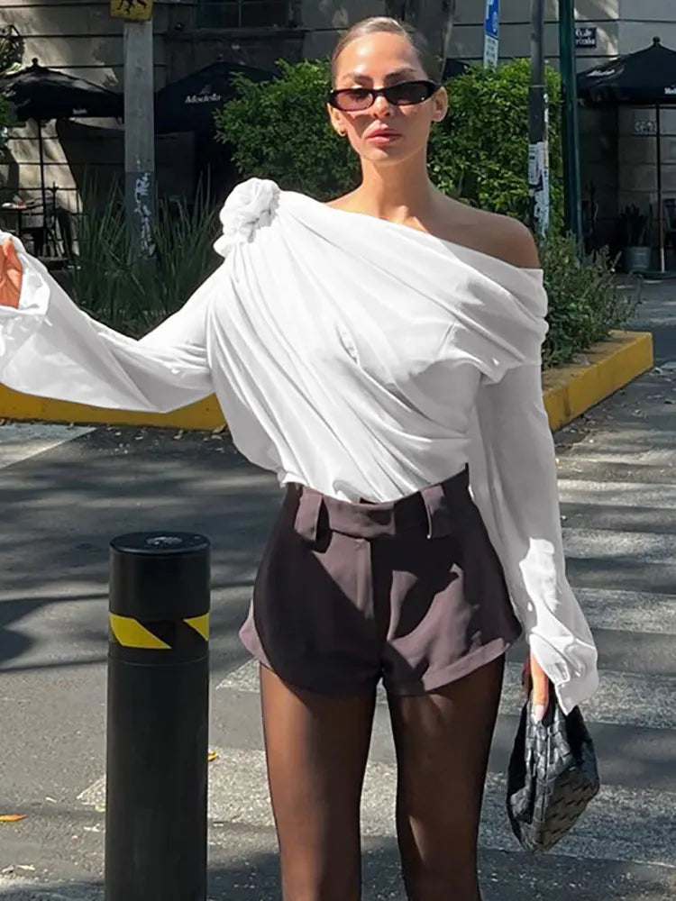 GACVGA Skew Collar Floral Mesh Chiffon Blouses Tops Tshirt Elegant T Shirt Fashion Crop Top See Through Women's Blouses & Shirts